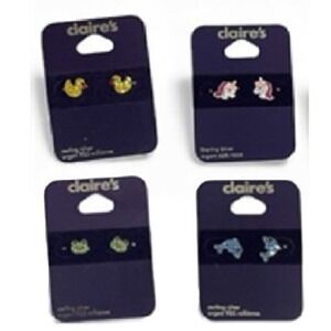 NWT Set of 4 Claire's Sterling‎ Silver Little Girl Stud Earrings